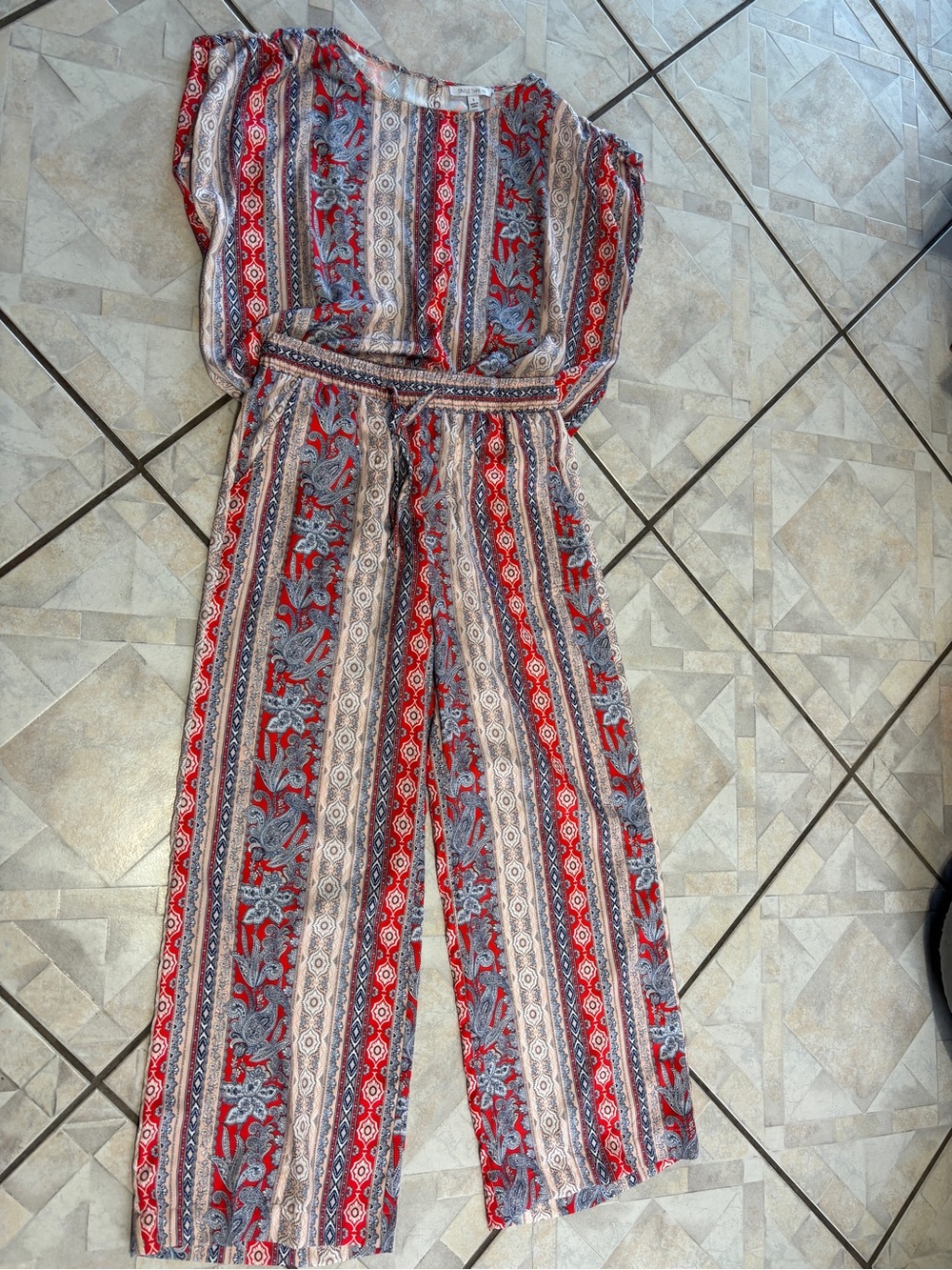 Striped Paisley Wide-Leg Jumpsuit in Red, Blue & Cream